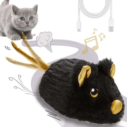 Vealind Souris rechargeable pour chat avec queue agitée, souris électronique couinante réaliste pour chats d'intérieur, jouets USB tactiles (noir)