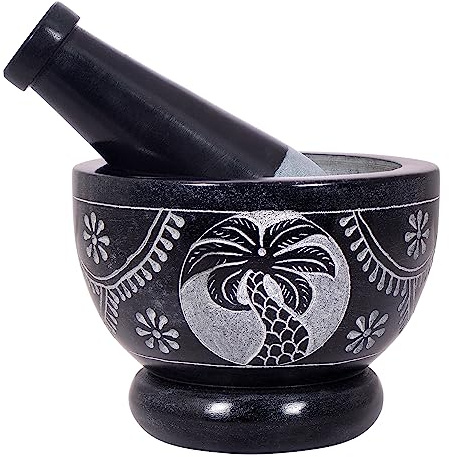 Divit Shilp Mörser und Stößel, hergestellt aus hochbelastbarem, poliertem Hartstein, Natursteinmahlwerk für Gewürze, Pasten, Kräuter, Gewürze etc. (Palm Tree)