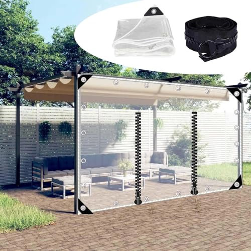 Durchsichtige Pavillon Planen Seitenteil,0,5mm wasserdichte PVC Kunststoffplanen,Transparente Outdoor Planenvorhänge Mit Reißverschlusstür,Regenvorhänge Mit Ösen,Anpassbar,L×H-2.5 * 2m(8.2 * 6.6ft)