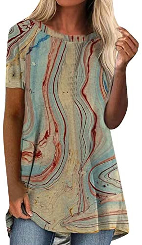 Generic Longshirt Damen Kurzarm Sommer Drucken Tunika Oversize Lange Oberteile Große Größen Longbluse Longpullover Tshirt Casual Basic Lose Elegant Pullover Bluse Sweatshirt Bedruckte T Shirt Tops