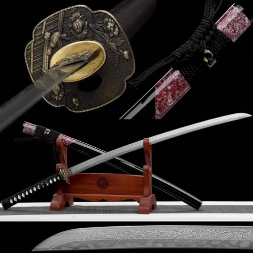 103cm scharfes Katana mit lackierter Massivholzscheide,Stahlklinge mit hundert raffinierten Mustern,handgeschmiedetes echtes Samurai-Schwert für Kendo,Verteidigung,Geschenke,Cosplay,Sammlung