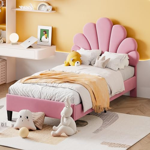 Kinderbett Polsterbett 90x200 cm, Bettgestell mit Kopfteil in Blumenform, Teenie-Mädchenbett mit Lattenrost und Rückenlehne, Gepolstertes Bett Jugendbett für Mädchen, Samtstoff, ohne Matratze, Rosa