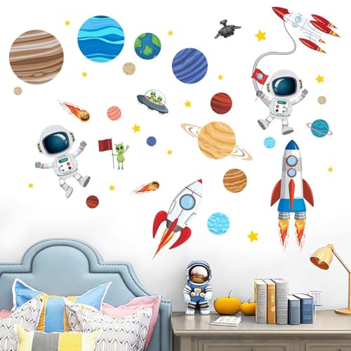 Amimagen Wandtattoos Outer Space Astronaut Wandaufkleber - Planets Rocket Jungen Wandabziehbilder - Baby Kinderzimmer Kindertagesstätte Spielzimmer Wanddeko