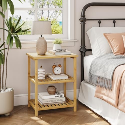 Dripex Beistelltische mit 3 Ablagen, Kleiner Nachttisch, einfacher Aufbau, Wohnzimmertisch Bambus für Schlafzimmer, Wohnzimmer, 40x30x50cm, Sofatisch