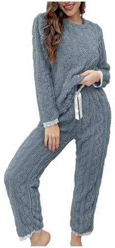 Generico Pigiama Pile Donna Invernale Pigiama Felpato Set da Casa Pigiami Due Pezzi Caldo Cotone Camicia da Notte Sciolto Casual Morbido e Confortevole Felpa e Pantaloni Pigiama Set Casa
