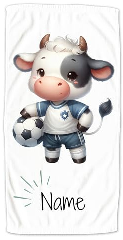 GRAZDesign Fußball Handtuch mit Namen personalisiert, Kinder Badetuch in Zwei Größen, Motiv Kuh - 140x70cm