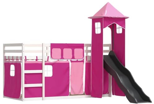 vidaXL Etagenbett, Stockbett mit Rutsche Gardinen, Kinderbett mit Rausfallschutz Lattenrost, Spielbett Bett ohne Matratze, Rosa 90x200cm