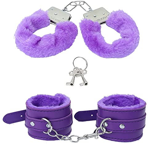 2 Paar Handschellen für Sexspiele, Handschellen Fußkettchen Set, Plüsch Lederarmband für Damen und Herren, Cosplay Kostümzubehör für Kostümball Party Valentinstagsgeschenk (Lila)