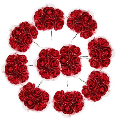 72 Pcs Artificial Foam Roses with Stems Red Rose Heads with Pearls & Net for Wedding Party DIY Craft Home Decoration Bouquets Gift Wrapping
