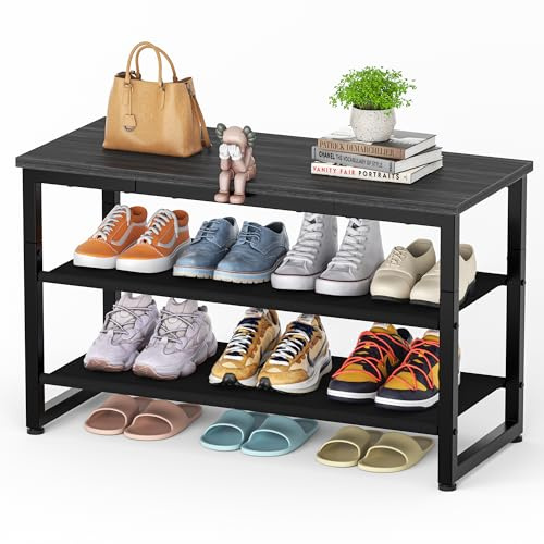 Schuhregal mit 3 Ebenen aus Vliesstoff, Schuhbank mit Holzplatte, Schwarz | Schuhregal mit Sitzbank, für Eingangsbereich, Flur, Wohnzimmer, Tragkraft 150KG