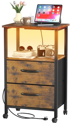 Bedside Table - Bedside Cabinet with Charging Station - Storage Nightstand Side Tables with 2 Large Capacity Fabric Storage Drawers - 42cm Wide Bed Side Table with Led Lights for Bedroom, Living Room