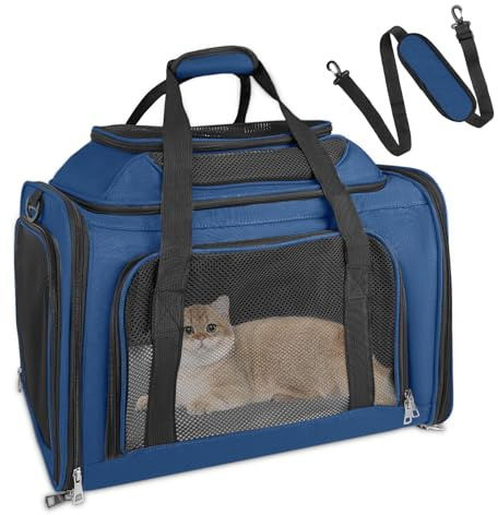 Lohofrnny Transporttasche für Katze Hund, Transportbox Katze bis zu 5 kg | , Tragbar Faltbare hundetransportbox für Mittel Kleine Haustiere wie Kätzchen, Welpen, Kaninchen usw (Dunkelblau, 43x28x36cm)