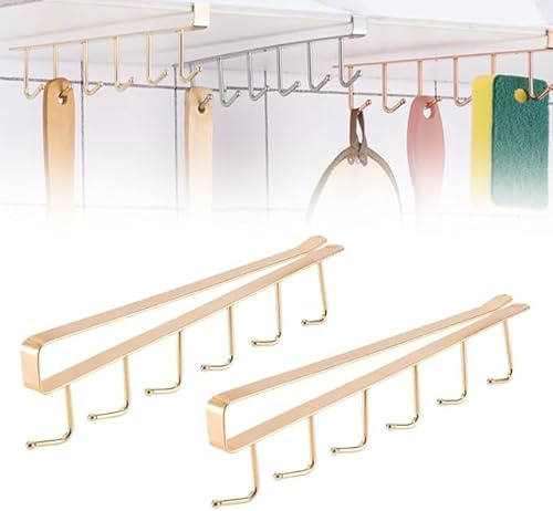 jiazhiyi Regal Tassenaufhänger Tassenhaken unter Schrank 6 Haken, Unterschrank, Kaffeetassenhalter, Haken, Hängeregal unter Regal für Tassen, Küchenutensilien (Gold)