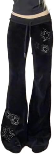 Womens Y2k Gothic Drawstring Flare Pants Streetwear Casual Star Rhinestone Low Rise Disco Pants Bell Bottoms Black