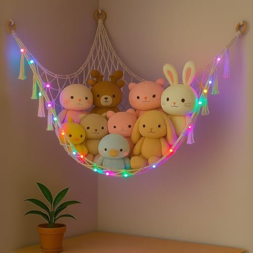 Teddy Hammock For Stuffed Animals with Fairy Lights, Hanging Soft Toy Storage Net for Cuddly Toys, Plush Toy Organiser for Bedroom or Nursery, Cute Bear Net Baby Kids Decor Gift (Colourful Light)