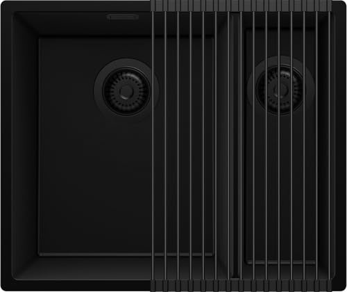 PRIMAGRAN Fregadero Cocina Todo Negro 56x47cm, Granito 1,5 Senos + Sifón + Enrollable Escurridor, Sobre encimera al mueble 60cm - London Slim Duo S030