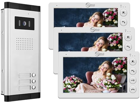 Verdrahtete Video-Sprechanlage für Wohnungen, 2/3/4/5/6/8/10/12 Einheiten 7-Zoll-Monitor-Video-Türsprechanlage, Video-Türklingel für den ID-Karte zum Entsperren (1 Türklingel + 3 Monitor)