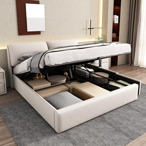 RIAZOS Polsterbett 180x200, Hydraulisches Bettkasten zur Aufbewahrung, Doppelbett mit 3 Schubladen, Stauraumbett mit Lattenrost mit Kopfteil, ohne Matratze, Samt, Beige