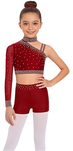 Freebily Tuta da Ginnastica Artistica Bambina 3 Pezzi Completi da Ballo di Strada Crop Top Danza Moderna Jazz Monospalla + Pantaloncini Sportivi + Fascia per Capelli Borgogna 9-10 anni