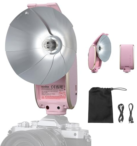 Godox Lux Senior Retro Camera Flash kit with Diffuser, GN14 1700mAh 6000K±200K CCT, Automatic & Manual Modes 1/1-1/64 Flash Power (Rose Pink)