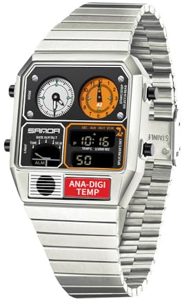 Retro Square Digital Watch with Temperature Display Unisex 7.5Inch Analog 3 Time Zones Luminous Backlight 50M Waterproof Alarm Stopwatch Week/Date (Silver Black)