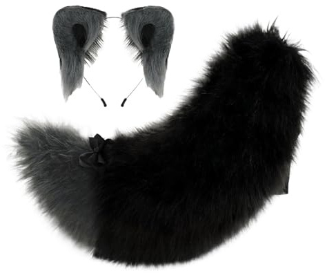 Generisch 2 Stück Faschingskostüm mit Plüschohren Schwanz Verspieltes Fuchs Ohren Stirnband Fuchsschwanz für Halloween Fasching Karneval Party (Grau)