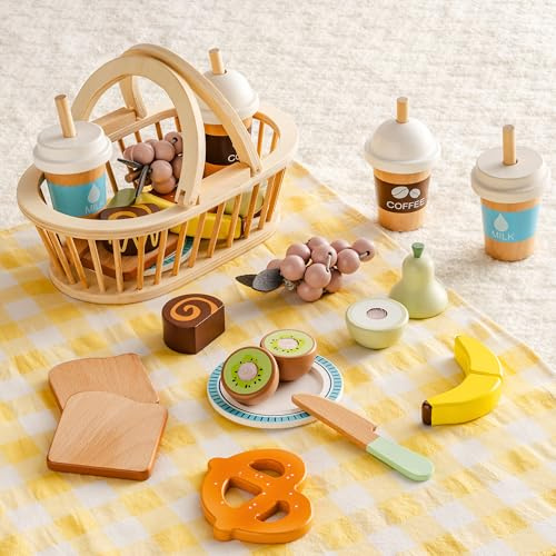 ROBUD Barn trä picknick lek matset, 14 st skärleksak med korg, frukt, bröd, kakrulle, kaffe, mjölk, tallrik, kniv och picknickduk, låtsaslek kökstillbehör för småbarn 3+