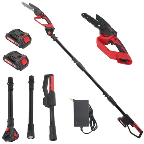 2 en 1 mini motosierra y podadora en palo inalámbrico, motosierra telescópica de 6 pulgadas, 2 baterías, 180° cabeza inclinable, alcance 12 FT