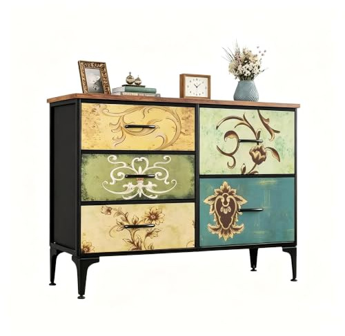 Wumagin Kommode mit 5 Schubladen, Stoffschubladen mit Auszügen, Bohemien | Dreistöckiges Sideboard mit stabilem Stahlrahmen, TV-Ständerschrank für kleine Räume, Schlafzimmer, Wohnzimmer und Flur
