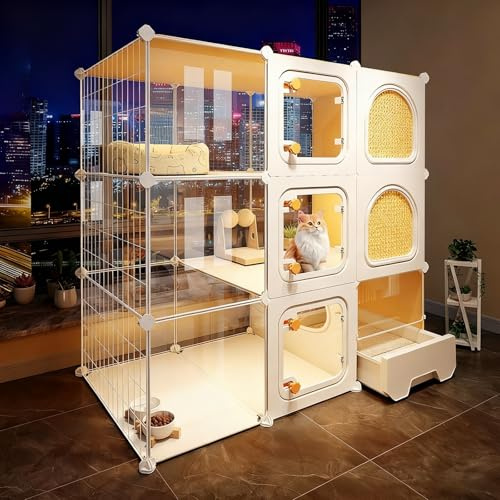 Transparenter Indoor-Katzenkäfig mit Katzenklo Mehrstöckiges Katzengehege Abnehmbarer Spielbereich mit Plattformen, Ideal für 1–3 Katzen und Kleintiere