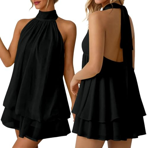 Nlaayong Robe Femme Mini Col Montant Nuque Chiffon Double Volants Robe de Soirée Sensuelle pour Fête et Cocktail