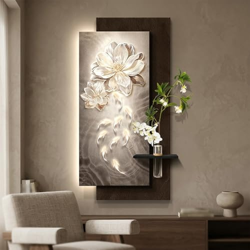 Arte de Pared 3D LED de Arenisca Texturizada, Diseño Floral y Nueve Peces, Alimentación Enchufable, Jarrón de Vidrio con Planta Artificial(50x100cm(19.7x39.4in),F)