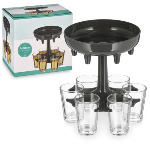 MIJOMA Dispensador de chupito con 6 vasos – Dispensador de chupito de vidrio y polipropileno gris oscuro para fiestas, bares en casa y rondas sociales