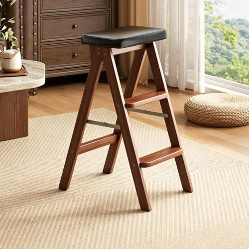 RASJCGRCOA Silla Escalera de Madera Maciza, Taburete Escalera Plegable para Biblioteca y Hogar, Mueble Multifunción, Escalera Silla con Peldaños, Fácil de Guardar, Uso Diario(Black)