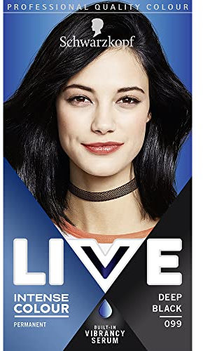 Schwarzkopf LIVE Intense Colour, Long Lasting Permanent Black Hair Dye, With Built-In Vibrancy Serum, Up To 100% Grey Coverage- Deep Black 099