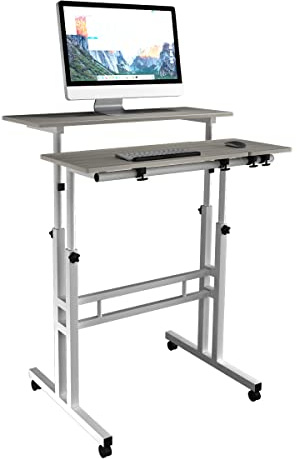 DlandHome Stehtisch, rollbar, mit Rollen (abschließbare Rolle), höhenverstellbar, 67 – 115 cm, Computertisch, multifunktional, mit 3 Ablagen, für Laptop, Ahorn