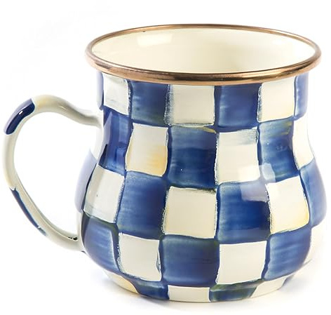 MACKENZIE-CHILDS Enamel Mug, 16 Ounces, Blue-and-White Royal Check