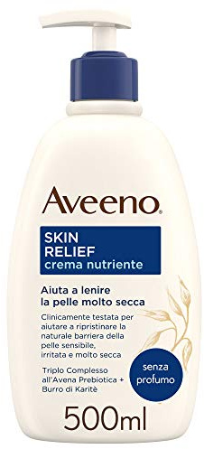 Aveeno Skin Relief Crema Nutriente Senza Profumo, Crema corpo idratante 72h con triplo complesso lenitivo di Avena e Burro di Karité, Crema corpo idratante pelle secca e sensibile, 500 ml