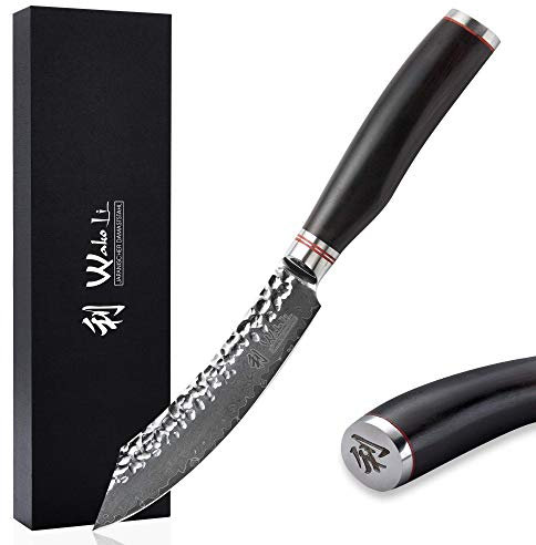 Wakoli EBO Premium Steakmesser 25 cm – 67 Lagen Damaststahl, VG10-Kern, 12,5 cm Hammerschlag-Klinge mit schwarzem Holzgriff I Rasiermesserscharfes Damastmesser für Steakliebhaber in Geschenkbox