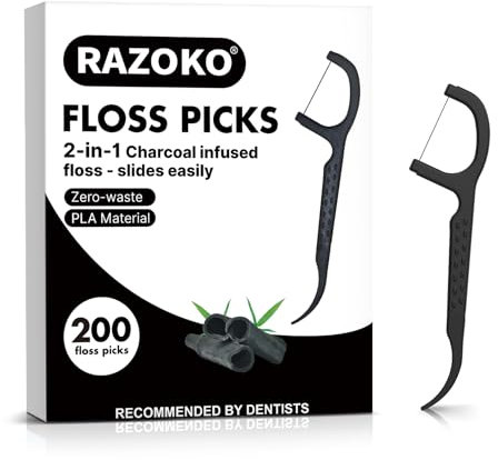 Natural Dental Floss Picks High Toughness Charcoal Toothpicks Sticks-Vegan,Eco-Friendly Sustainable Flossers for Teeth Cleaning (200 Count)