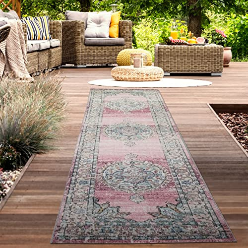 CARPETIA In- & Outdoor Teppich Ornamentmuster Rosa Creme 80x300 cm | Pflegeleicht, strapazierfähig und farbecht, OEKO-TEX geprüft, für Fußbodenheizung, Balkon, Terrasse, Küche & Wohnräume