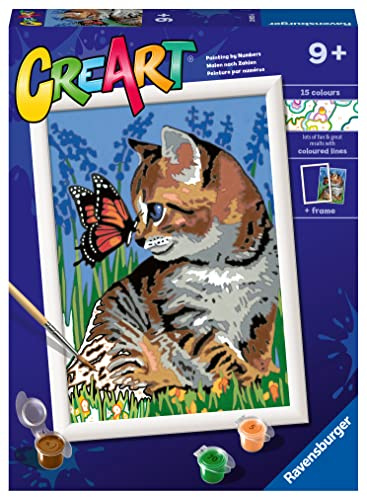 Ravensburger - CreArt Serie D, Gatito y Mariposa, Pintura por Numeros, Kit de Pintura para Niños, Juego Educativo para Niños de 9+ Años, 26x20 cm