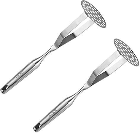 UPTALY 2 machacadores de patatas de acero inoxidable con mango largo (30cm x 8cm), prensa profesional de ajos, triturador de patatas resistente, para prensar frijoles, frutas y alimentos para bebés