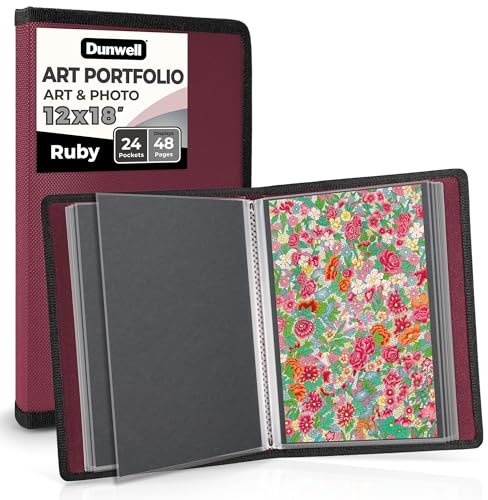 Dunwell 12x18 Art Portfolio Binder with Black Mounting Paper (Ruby), Large Portfolio Folder for Artwork Storage, 24 Sleeves Display 48 Pages, Acid-Free Poly 12 x 18 Presentation Book