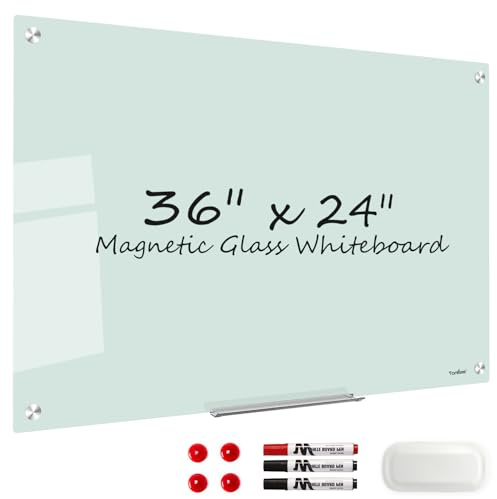 Glass Whiteboard Dry Erase Board - TANKEE Magnetic Glass White Board 36 x 24 Inches, Modern Large Frameless Tempered Glass Board for Wall, Office, Home, Shops Decor, with Marker Tray, 3' x 2'