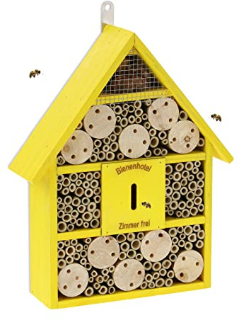 Relaxdays Hotel per Insetti, Alveare per Api e Vespe, da Giardino, Balcone, in Legno e Bambù, HxLxP: 38x29x9 cm, Giallo