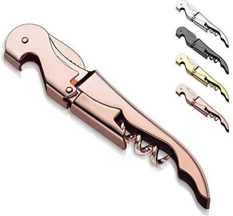 Cavatappi da cameriere per vino con tagliapasta e tagliapasta in acciaio inox, cavatappi classico a doppia cerniera, cavatappi apribottiglie per birra, bar, ristoranti, camerieri, set per 1 (oro rosa)
