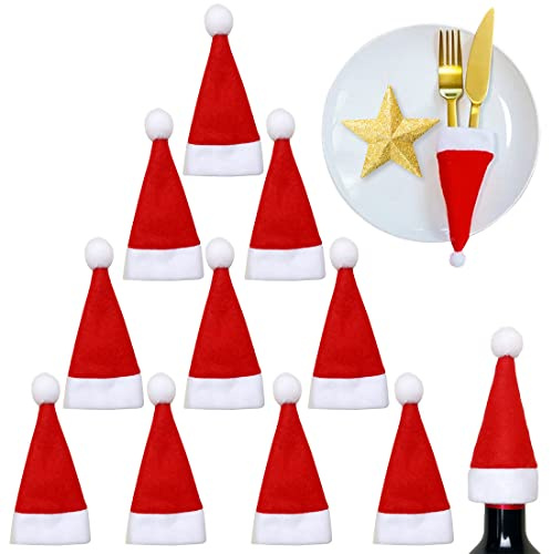 FUKPO 10 Stück Weihnachten Tischdeko Weihnachtsmann Hut, Bestecktasche Mini Weihnachtsmütze Besteckbeutel Weihnachtsdeko, Besteckhalter für Weihnachten Deko Tischdekoration