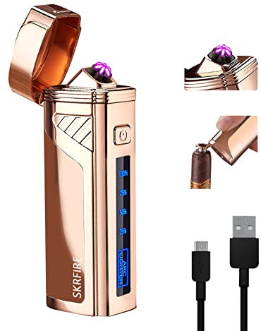 SKRFIRE Triple Arc elektrisches Plasma-Feuerzeug flammenlos, Winddicht, wiederaufladbar, USB-Feuerzeug für den Außenbereich, Camping, mit digitaler Batterieanzeige (Roségold)