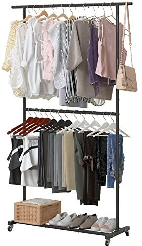 Sywhitta Double Rod Clothing Garment Rack, Rolling Clothes Organizer on Wheels for Hanging Clothes, Easy to Assemble, Adjustable, Black